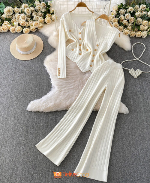 Elegant 3-Piece Ribbed Knit Set (Top + Inner + Pants)